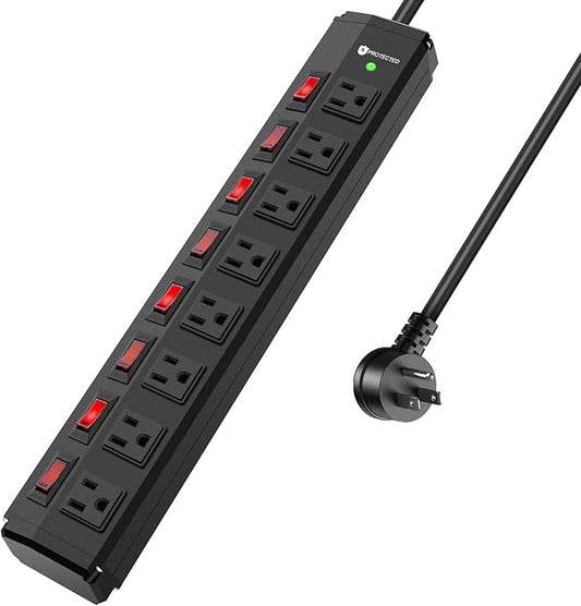 8 Outlet Heavy Duty Power Strip with 8 Individual Switches,Moutable Metal Power Strip Surge Protector 1200 Joules,50FT 14AWG Extension Cord,15A 1800W 125V 60Hz