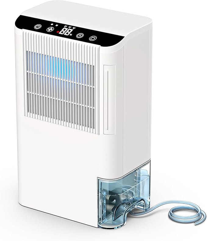 Dehumidifiers for Home, 2000 Sq.Ft Small Dehumidifier with 3.3ft Drain Hose, 2.5L Tank, Timer Sleep Mode, Portable Dehumidifier for Basement, Bedroom, Bathroom (Frost White)