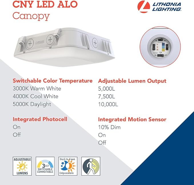 Lithonia Lighting 10" Square Canopy LED Outdoor Ceiling Light, Dusk-to-Dawn Photocell and Motion Sensor Outdoor Lights, Adjustable Brightness and Switchable Color Temperature, Wet Rated, White