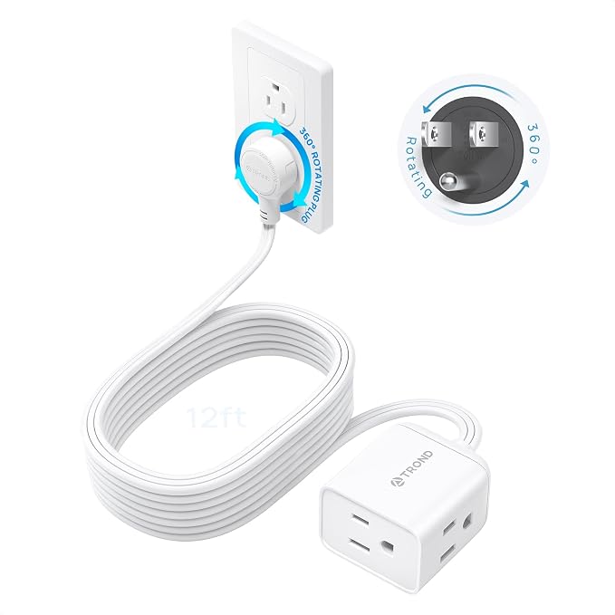 TROND 360 Rotating Flat Plug Extension Cord 12 ft for Tight Spaces, White
