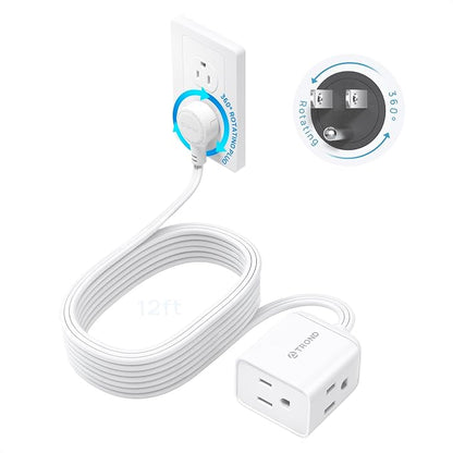 TROND 360 Rotating Flat Plug Extension Cord 12 ft for Tight Spaces, White