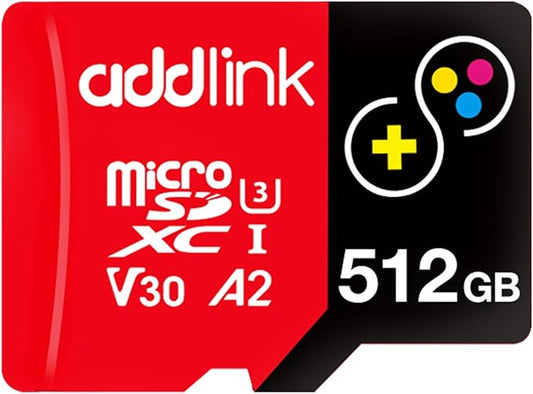 addlink 512GB Micro SD Card for Gaming Nintendo-Switch 1 4K Camera Pro A2 V30 for Smartphone, Gopro, Action Cams, 4K UHD Video Recording Up to 100MB/s, UHS-I U3 C10 Class 10 with Adapter