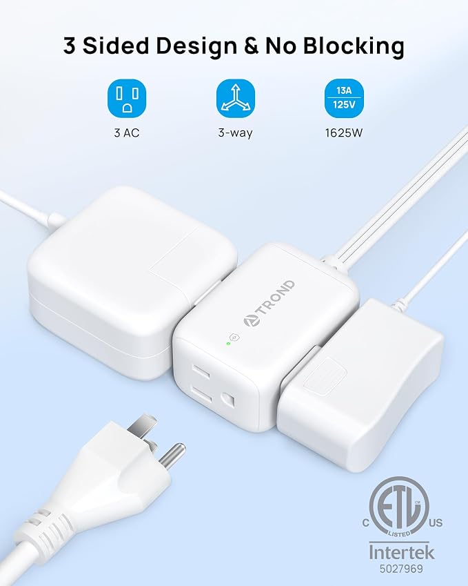 TROND Rotating Flat Plug Extension Cord Surge Protector 1.5ft, 3 AC, White