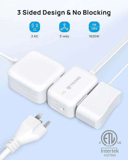TROND Rotating Flat Plug Extension Cord Surge Protector 1.5ft, 3 AC, White