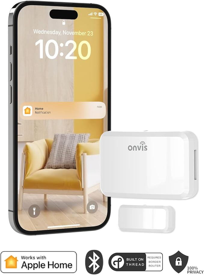 Onvis Thread-Enabled HomeKit Door Window Contact Sensor,Wireless Mini Low-Energy Contact Sensor for Alarm System and Smart Home Automation, iOS Only (2Pack)