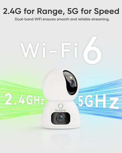 blurams 2K Dual-Lens Indoor Camera, 360° PTZ Pet Camera with Phone App, Split-Screen View, Free Human/Sound Detection, Dual-Band WiFi 6, Compatible with Alexa