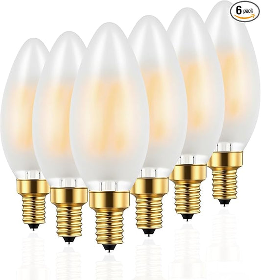Type B/B11 E12 LED Filament Bulb, 6W/60W Equivalent 3000K Warm White – Frosted Glass, Dimmable, Ideal for Chandeliers & Ceiling Fans, 6-Pack(3000K)