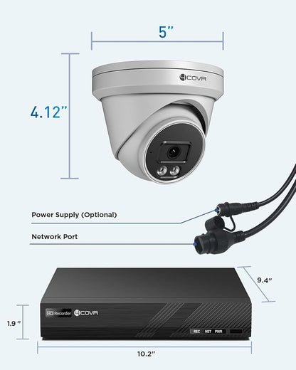 4COVR 4K PoE Security Camera System, Human Vehicle Detection, 4Pcs 8MP 2.8mm 110° Wide Angle Dome IP Camera with Mic, 8CH 8MP H.265 NVR with 2TB HDD, IP67 Home Weatherproof Outdoor, LY97SA8M0804