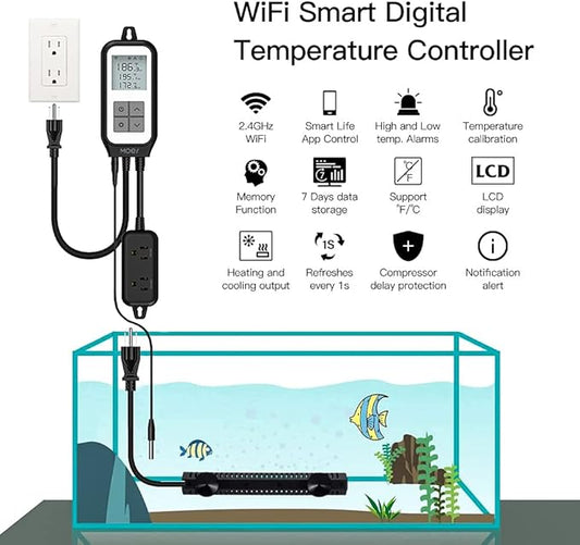 MOES Smart WiFi Cooling Heating Thermostat Outlet, Tuya Digital Temperature Controller Sensor Plug for Reptile Fermenter Brewing Breeding Heat Mat, Smart Life Remote Control, -22-221℉,10A 1250W