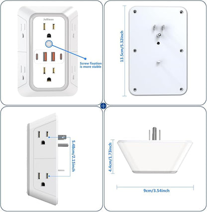 JcBlaon Outlet Extender Surge Protecto, 6 Outlet Extender with 4 USB Ports, 3 Sided 1050J Power Strip, Multiple Plug Expander Wall Charger for Home Office Travel-ETL
