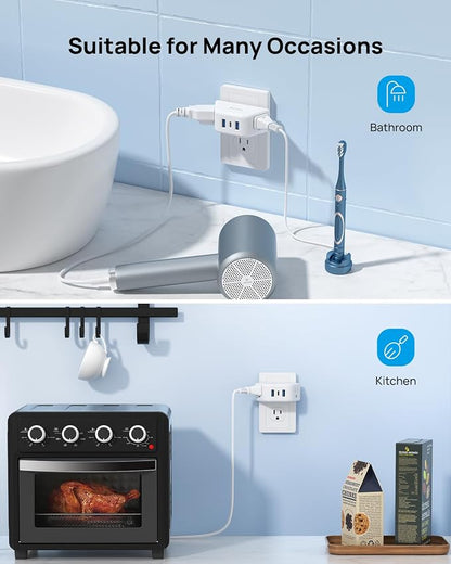 TROND Outlet Extender with USB, 2 AC Sockets and 3 USB Ports | 3-Side Design Wall Plug Adapter, Cruise Essentials, Plug Extension Outlet for Travel Home Office, White