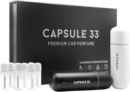 Car Perfume Starter Pack, Car Air Freshener, Ultrasonic Aroma Diffuser, 6 Fragrances (White Crystal, Red Diamond, East Gold, Ocean Blue, Sweet Cherry, Light Pink) (White)