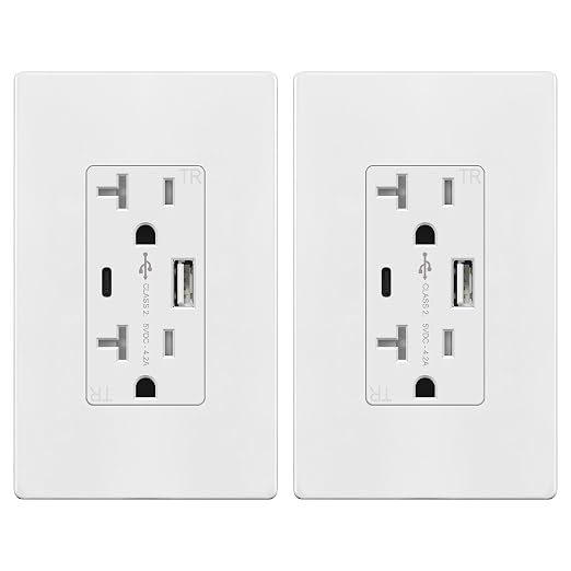 TOPGREENER 4.2A USB Outlet, 20 Amp Wall Outlet with USB Ports, 2 Pack,White | UL Listed, USB Outlets Receptacles with Type A&C Ports, Tamper-Resistant Plug, Charging Power Outlet, Wall Plate Included