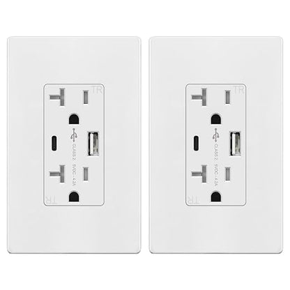 TOPGREENER 4.2A USB Outlet, 20 Amp Wall Outlet with USB Ports, 2 Pack,White | UL Listed, USB Outlets Receptacles with Type A&C Ports, Tamper-Resistant Plug, Charging Power Outlet, Wall Plate Included