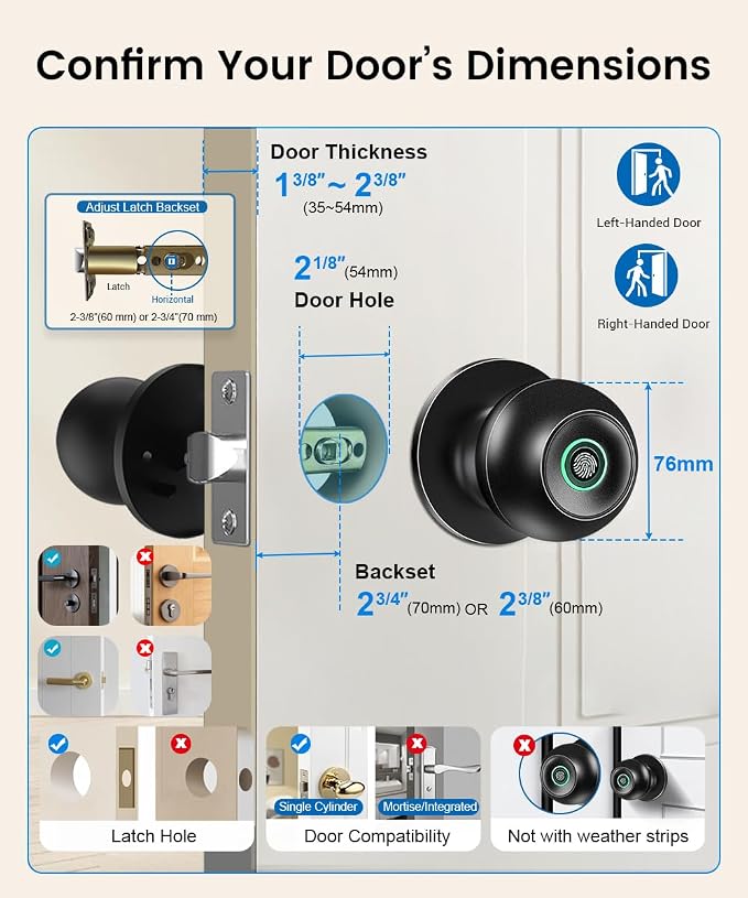 Smart Door Knob with Lock, Keyless Entry Fingerprint Door Lock, Black | Smart Lock with Auto-Lock , App, Key, Fingerprint Door Locks for Front Door, Garage, Apartment, Hotel, Interior, Exterior