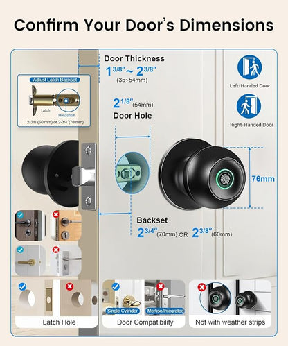 Smart Door Knob with Lock, Keyless Entry Fingerprint Door Lock, Black | Smart Lock with Auto-Lock , App, Key, Fingerprint Door Locks for Front Door, Garage, Apartment, Hotel, Interior, Exterior
