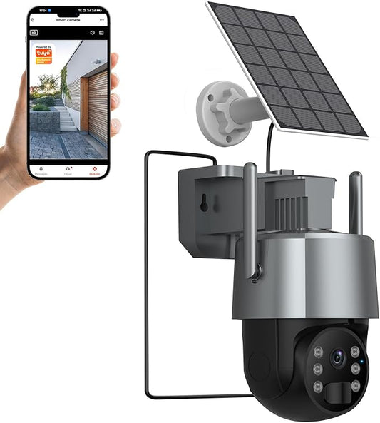 2K 3MP Tuya Solar Security Camera, Wireless Outdoor WiFi Camera w/ 360° PTZ, IP65, Battery Powered Surveillance Home Cam w/ Color Night Vision, PIR Sensor, 2-Way Audio, SD/Cloud Storage, App Alerts