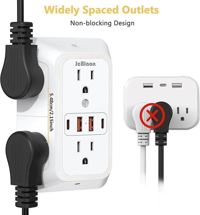 Wall Outlet Extender with Night Light, Power Plug Adapter 6 Outlet Extender with 4 USB Charging Ports 1050J Power Strip Multi Plug Adapter Spaced for Home Travel Office (2U2C)