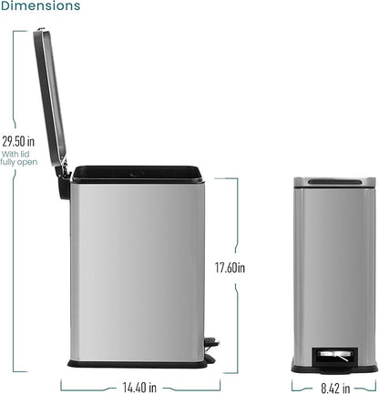 Home Zone Living 4 Gallon Slim Kitchen Trash Can with Soft Close Lid and Step Pedal, Stainless Steel Wastebasket with Removable Liner, Silver
