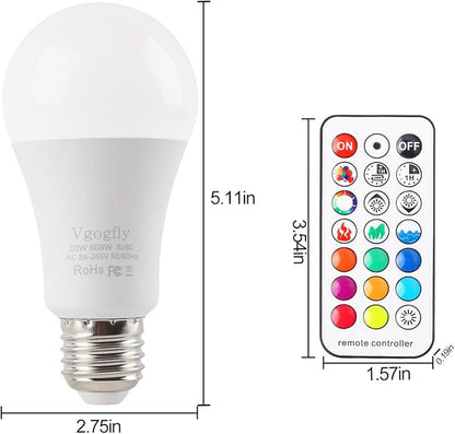 Vgogfly RGB Led Light Bulbs 10W Color Changing Light Bulb with Remote Control 5000k Daylight White (2 Pack) Remove Battery Separator Before Use