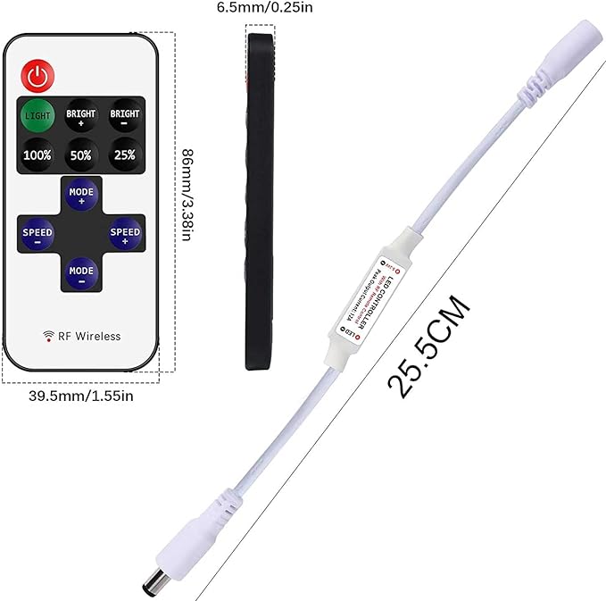 2 Pack LED Light Strip Remote Control Mini RF Wireless LED Controller Single Color 3528 5050 LED Strip Lights Dimmer Switch Control Brightness Flashing Mode DC 12V 24V LED Bar Ribbon Shelf Lights
