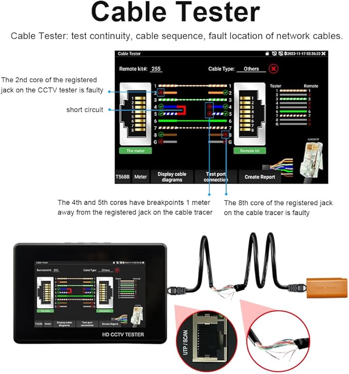 IP Camera Tester, WANLUTECH 4K IP CVBS CVI TVI AHD 4 inch Touchscreen CCTV Test Monitor with PoE/IP discovery/RJ45 Cable Test/PTZ Control(IPC-1800ADH Plus)