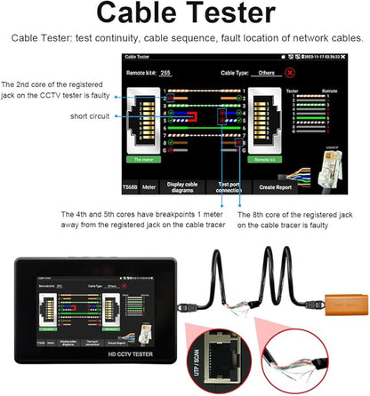 IP Camera Tester, WANLUTECH 4K IP CVBS CVI TVI AHD 4 inch Touchscreen CCTV Test Monitor with PoE/IP discovery/RJ45 Cable Test/PTZ Control(IPC-1800ADH Plus)