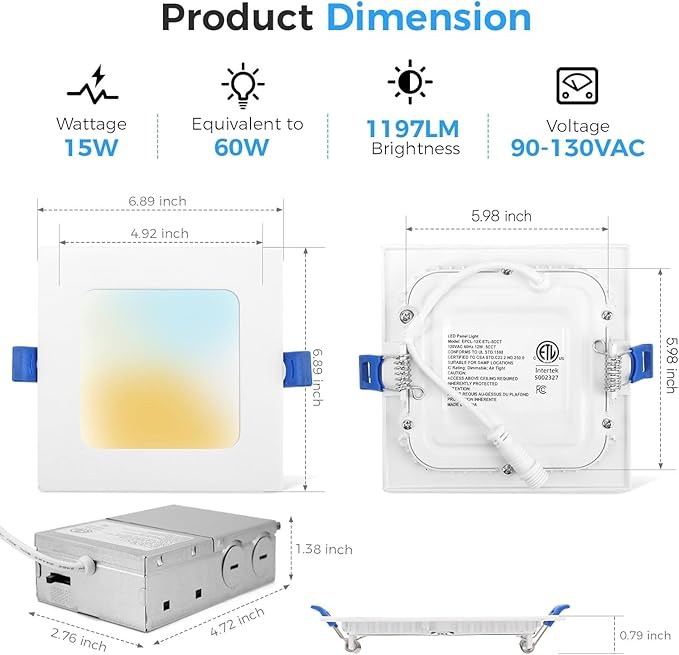 HONZIN 6 Pack 6 Inch Square Recessed Lighting, 5CCT Ultra Thin Square Recessed LED Downlight with Junction Box, 2700K/3000K/3500K/4000K/5000K Selectable, Dimmable,15W, Canless IC Rated, White Trim