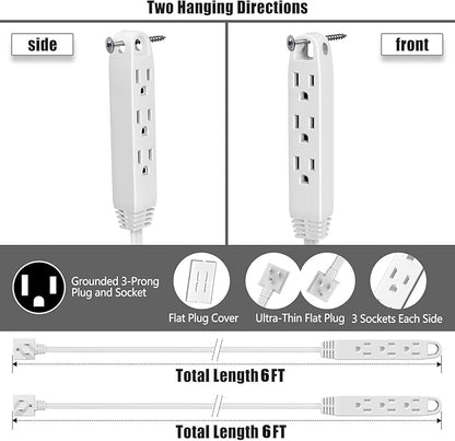 CABOCASA Dual 6FT Ultra-Thin Outlet Concealer, Universal Size Outlet Cover 6FT Twin Extension Cord with 3 Outlets Each Side, Ideal for Home Appliances on Opposite Sides