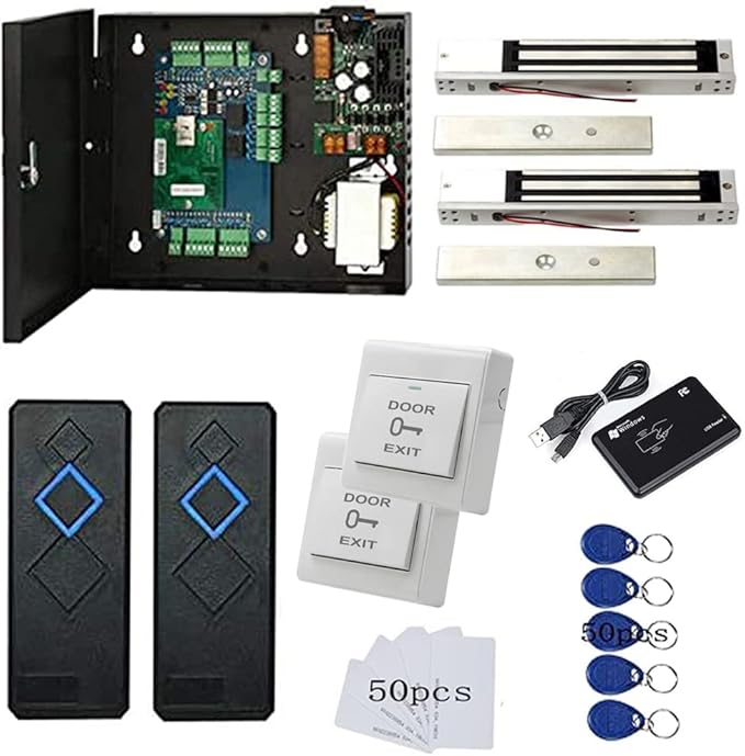 2 Door Access Control System with 600lbs Magnetic Lock Entry Control Panel 110V Power Supply Box RFID Reader Exit Button Enroll RFID USB Reader Card Key Fob Phone APP Remote Open Lock