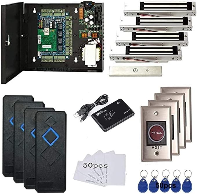 4 Door Access Control System 600lbs Magnetic Lock Access Control Panel 110V Power Supply Box RFID Reader NoTouch Exit Button Enroll USB Reader Card Key Fob Phone APP Remotely Open Lock