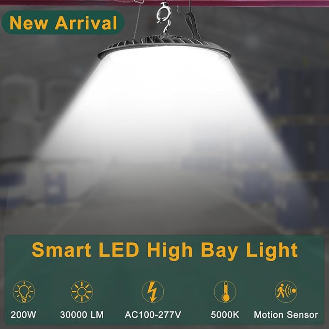 Smart 200W HIgh Bay LED Lights with Smart Controller Supports Normal Mode & Motion Sensor Mode(Energy Saving) ETL Listed UFO Lights for 25-35FT Warehouse-4Pack