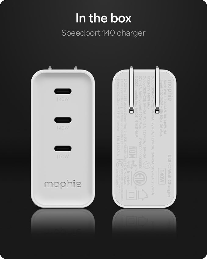 Mophie Speedport 140 GAN USB-C Charger Block - 140W Fast Wall Charger, 3× USB‑C PD Ports, Compact Foldable Prongs, Made with Recycled Materials, for Smartphones, Tablets, Headphones