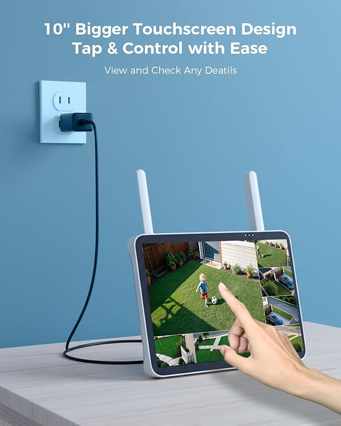 Hiseeu Solar Security Cameras Wireless Outdoor, Auto Tracking Dual-Lens Wireless Cameras for Home Security with 10" Touchscreen, 2.4 & 5GHz WiFi Pro 4MP 4 Cam-Kit, 2 Way Audio, 1TB HDD, 0 Monthly Fee