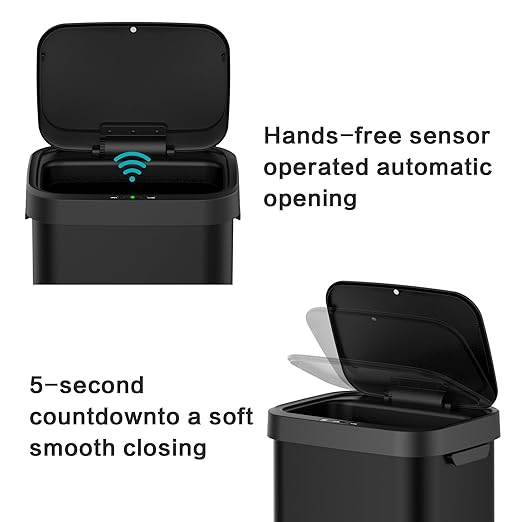 13 Gallon Stainless Steel Touchless Sensor Trash Can with, Wide Rectangular Design, Brushed Finish – Automatic Lid for Home, Office, Kitchen, Bathroom, and Commercial Use (Black)