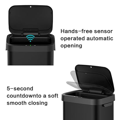 13 Gallon Stainless Steel Touchless Sensor Trash Can with, Wide Rectangular Design, Brushed Finish – Automatic Lid for Home, Office, Kitchen, Bathroom, and Commercial Use (Black)