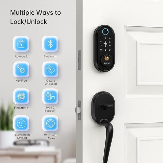 Smart Front Door Lock Set: SMONET Keyless Entry Door Lock Deadbolt with Handle Set Keypad Fingerprint Locks Alexa Electronic Digital Locksets with Bluetooth APP/IC Cards/Auto Lock, Matte Black