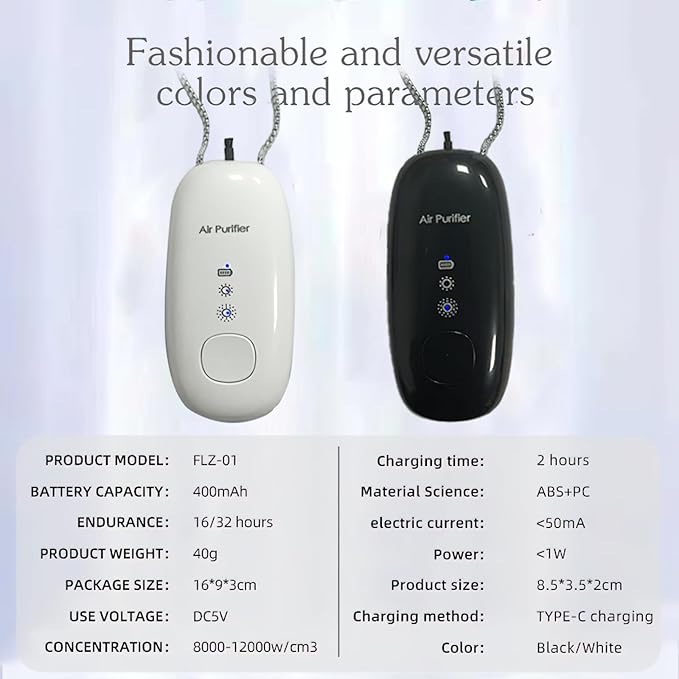 Portable Negative Ion Air Purifier Necklace, Personal Wearable Air Cleaner with 120 Million Ions (White)