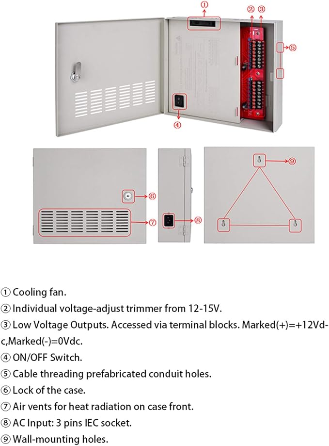 4K CCTV Power Supply 16 Channel Adjustable DC11V ~DC15V 32 Amp Output Reset Fuse with Anti-Ripple and Anti-EMI Interference Circuit Designed for 4K IP/CCTV Security Cameras System
