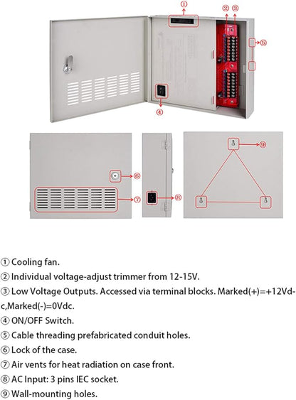 4K CCTV Power Supply 16 Channel Adjustable DC11V ~DC15V 32 Amp Output Reset Fuse with Anti-Ripple and Anti-EMI Interference Circuit Designed for 4K IP/CCTV Security Cameras System