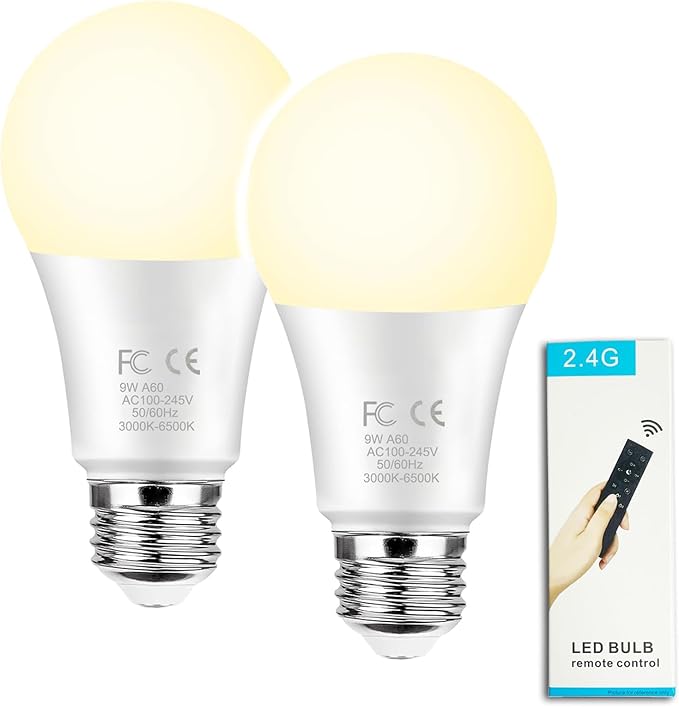 GRV 9W A60 LED Smart Light Bulbs with a 2.4GHz Remote Control,Color Changing,Stepless Dimmable 3000K-6500K,80W Incandescent Lamp Equivalent,800LM E26 Base,Home Decor,2 Bulb & 1 Remote