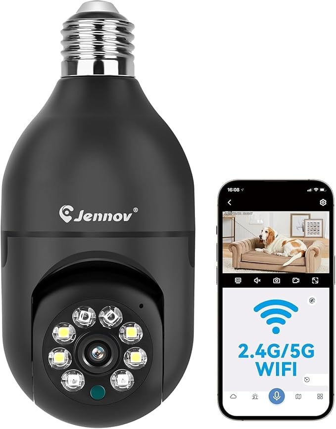 Jennov 2K Light Bulb Security Camera Wireless Outdoor, Indoor Light Socket Cameras for Home Security, Human Detection, 355°, Color Night Vision, 5G/2.4G WiFi, Screw in, Compatible with Alexa