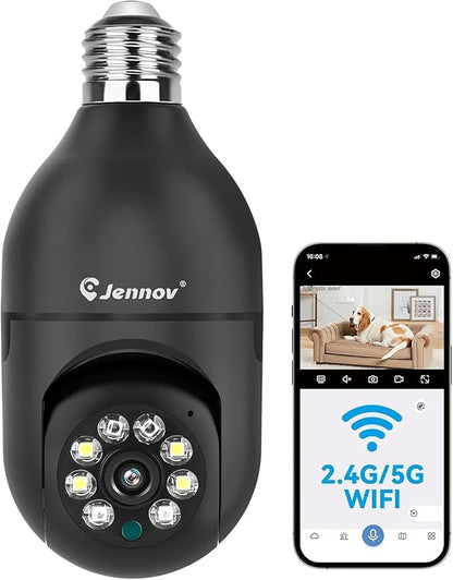 Jennov 2K Light Bulb Security Camera Wireless Outdoor, Indoor Light Socket Cameras for Home Security, Human Detection, 355°, Color Night Vision, 5G/2.4G WiFi, Screw in, Compatible with Alexa
