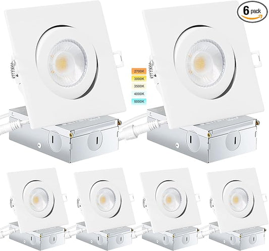 KnLnny Ware Square Gimbal Recessed Lighting 4 Inch 6 Pack,Eyeball Led Lights with Junction Box,5CCT Selectable,9W 750LM,Dimmable