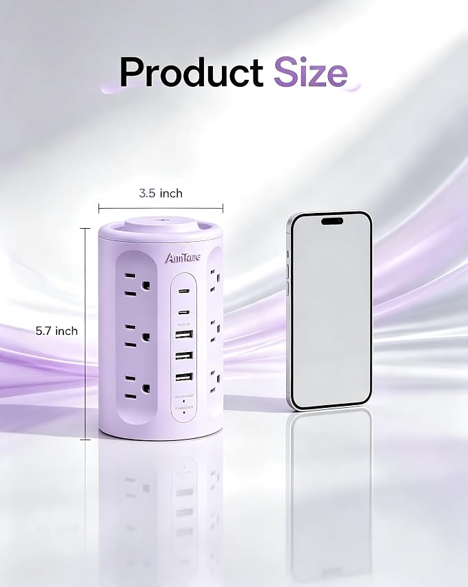Power Strip Tower with USB Ports, 6.5 FT Extension Cord with Multiple Outlets (12AC+3A+2C) for Home Office Desk College Dorm Room Supplies