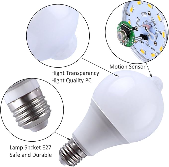 MIFXIN Motion Sensor Bulb Led E27 PIR Infrared Dusk to Dawn LED Light Bulb Detection Light Auto Switch Night Lights for Porch Patio Garage Stairs Lobby Carport Hallway Security (9w 810LM Cool White)