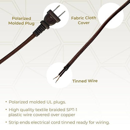 Royal Designs, Inc. Lamp Cord Molded Plug with Dimmer Switch, Stripped Ends Ready for Wiring, 8 ft long, Brown, SPT-1 UL Listed (CO-5001D-SL-8-1)