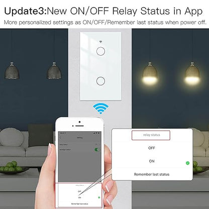 MoesGo WiFi Smart Wall Light Switch,Glass Panel, Multi-Control(3 Way), 2.4GHz Wi-Fi Touch Switches, Neutral Wire Required, Remote Control Smart Life/Tuya App, Work with Alexa, Google Home White 2 Gang