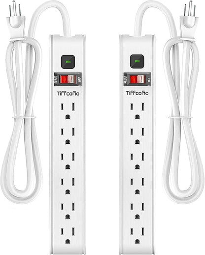 TiFFCOFiO Surge Protector Power Strip, 6 Feet Extension Cord, 600 Joules Surge Protection, Multiple Protection 6 Outlet Strip, 14 AWG Cord, 15A/1875W, ETL Listed, 2 Packs
