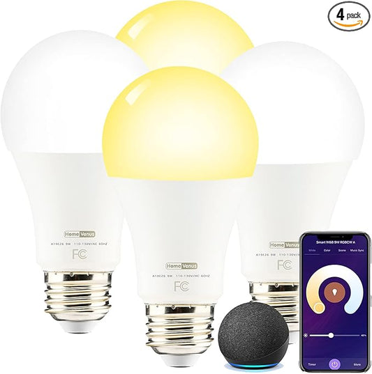 Homevenus HVS Smart Light Bulbs,9W A19 E26 Dimmable Tunable Cool Warm White LED Light Bulb 2500k-6500k, APP Control 2.4GHz WiFi Bluetooth Assist Connection, Work with Alexa/Google Assistant 4 Pack